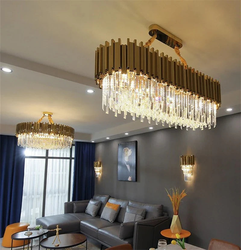 Afralia™ Golden Stainless Steel K9 Crystal Chandelier for Elegant Dining Room Lighting