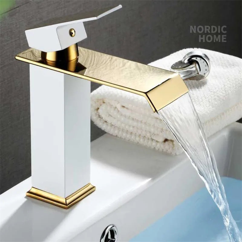 Afralia™ Gold Black Waterfall Basin Faucet Mixer Tap Hot Cold Sink Brass Bathroom