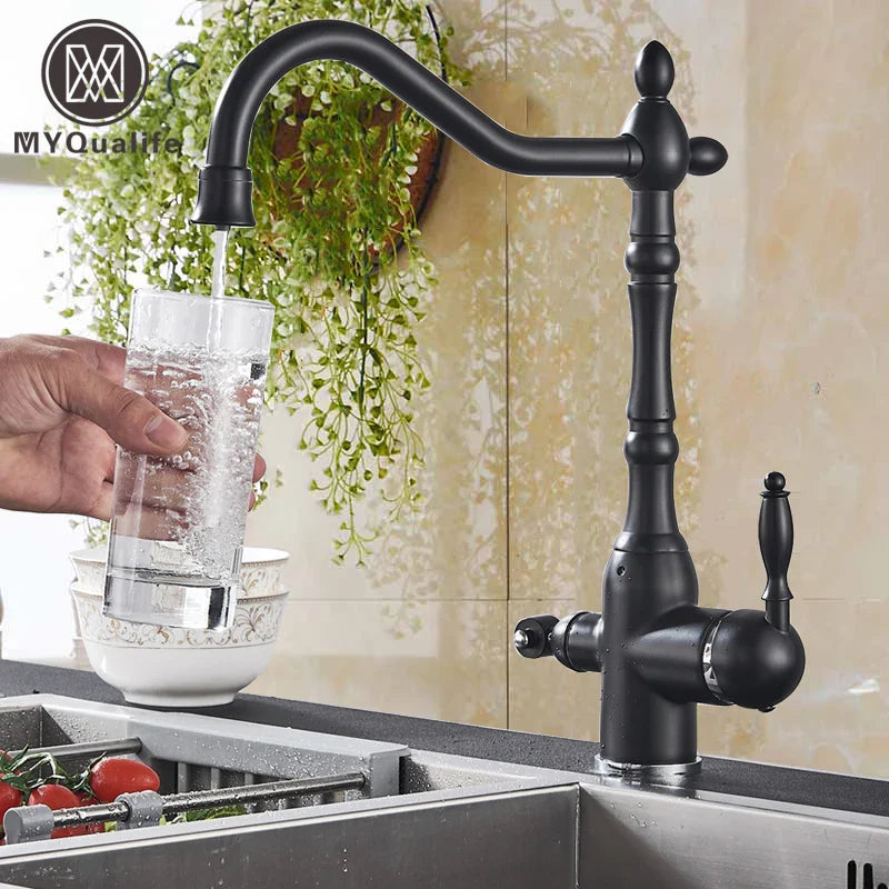 Afralia™ Matte Black Dual Handle Kitchen Faucet with Pure Water Filter Spout