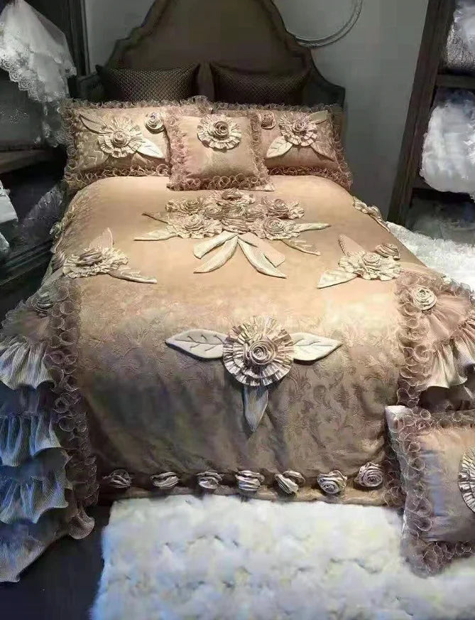 Afralia™ Jacquard Rose Lace Bedding Set, Luxurious European Style, Red & Champagne