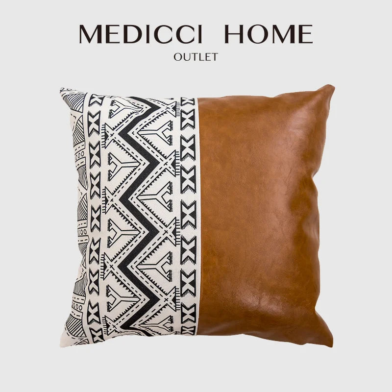 Afralia™ Cognac Leather Cotton Color Block Cushion Cover 45x45cm