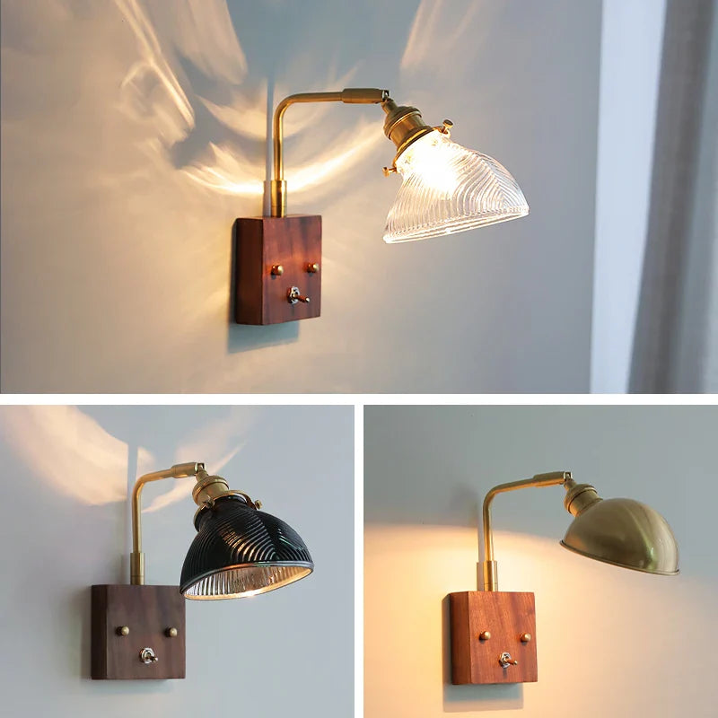 Afralia™ Walnut Wood Canopy LED Wall Lamp | Modern Copper Rotate Wandlamp