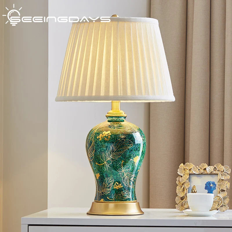 Afralia™ Golden Leaf Green Ceramic Table Lamp - Luxury New Chinese Style for Living Room