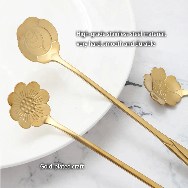 Afralia™ Gold Flower Stainless Steel Teaspoons Set for Coffee, Desserts, and Ice Cream