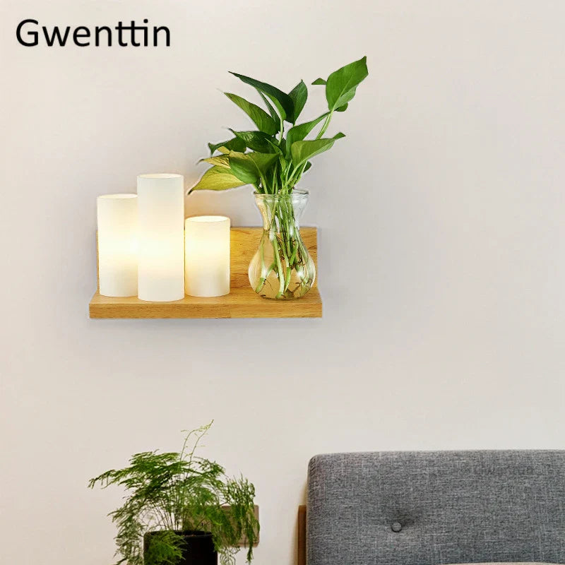 Afralia™ Nordic Wood Glass Wall Lamp LED DIY Plant Sconce Modern Luminaire