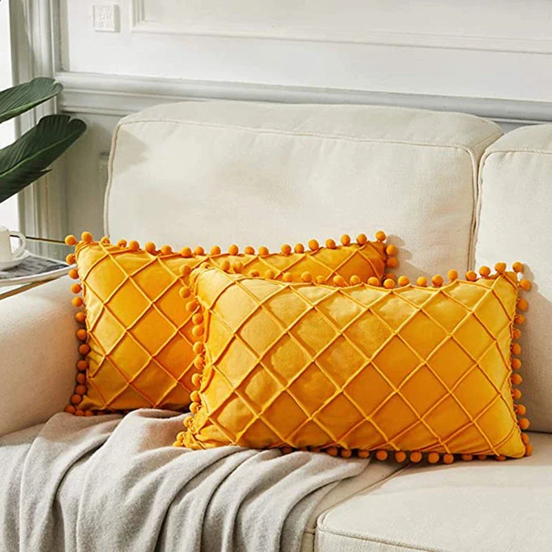 Afralia™ Velvet Plaid Pompom Throw Pillow Covers Set for Living Room Coussin