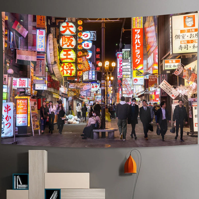 Afralia™ Tokyo Nightlife Tapestry: Japanese Wall Hanging Bohemian Decorative Sheet