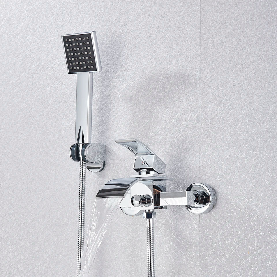 Afralia™ Chrome Bath Shower Set: Wall Mounted Waterfall Shower Faucet, Hot Cold Mixer