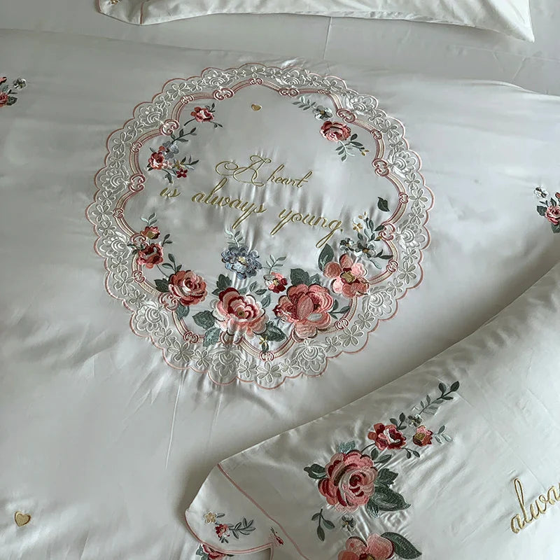 Afralia™ White Embroidered Egyptian Cotton Bedding Set, Pastoral Flowers Theme
