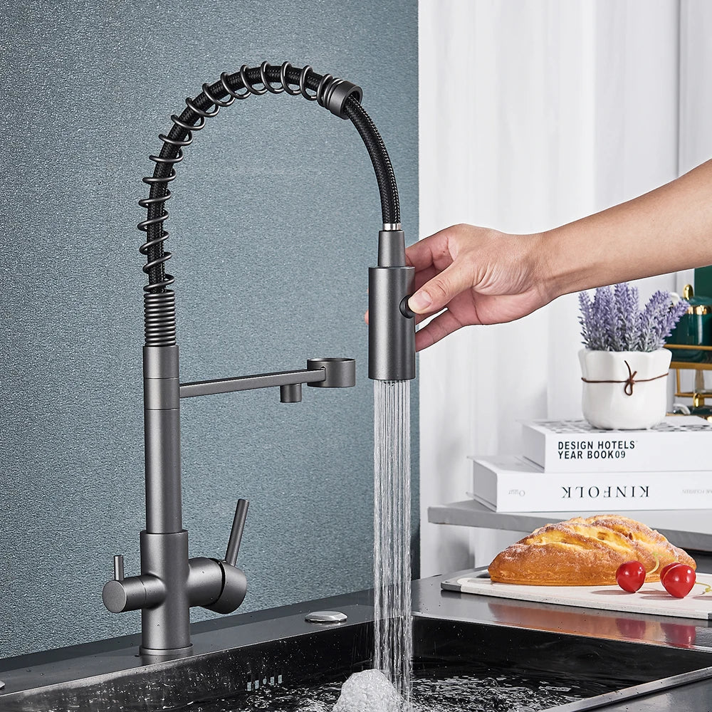 Afralia™ Gun Grey Filter Kitchen Faucet with Pull Down Spring & 3-Way Function