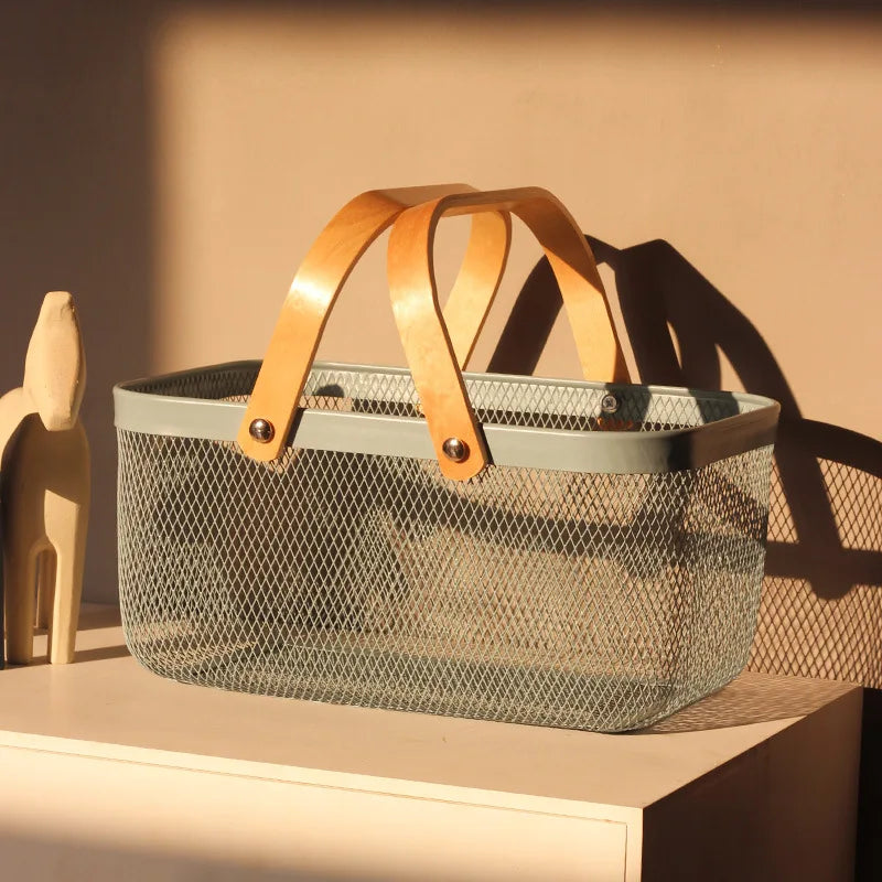 Afralia™ Rectangular Iron Mesh Storage Basket with Wood Handle for Kitchen and Bathroom