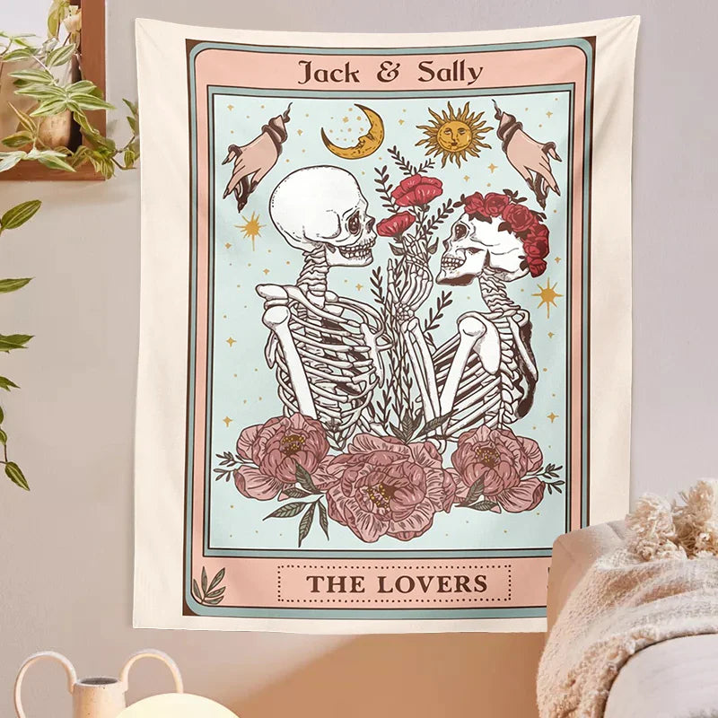 Afralia™ Skull Flower Skeleton Tapestry Lovers Wall Hanging Esoteric Home Decor