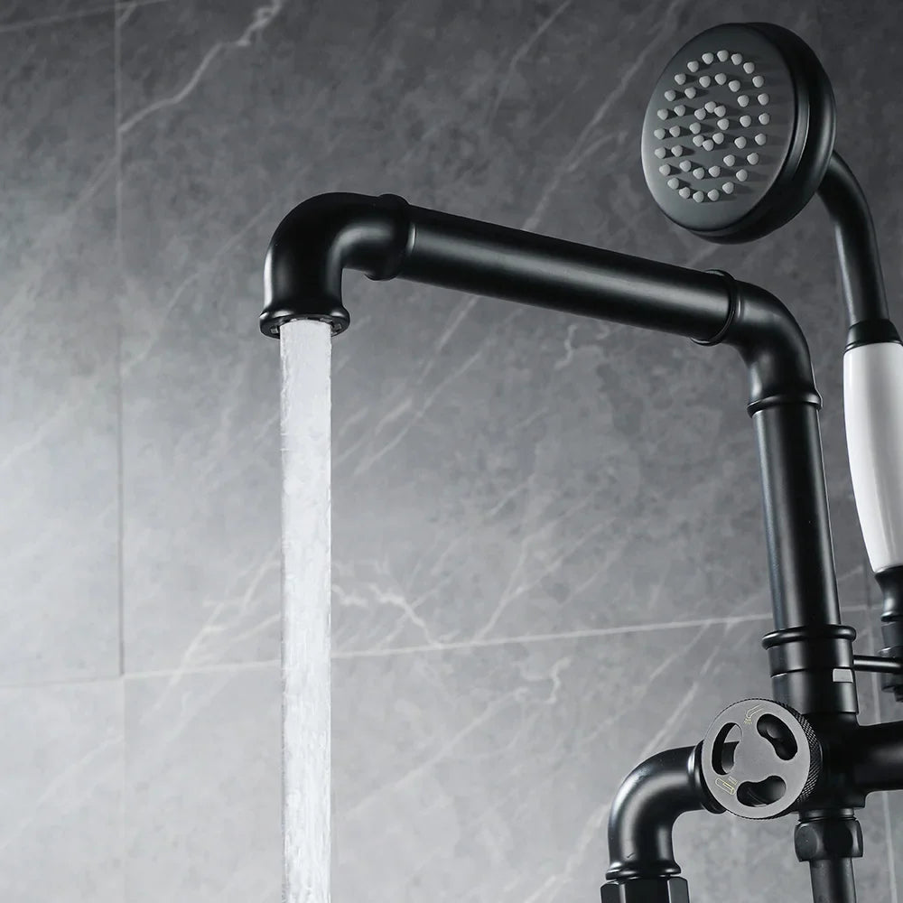 Afralia™ Industrial Black Floor Standing Dual Handle Bathroom Shower Faucet