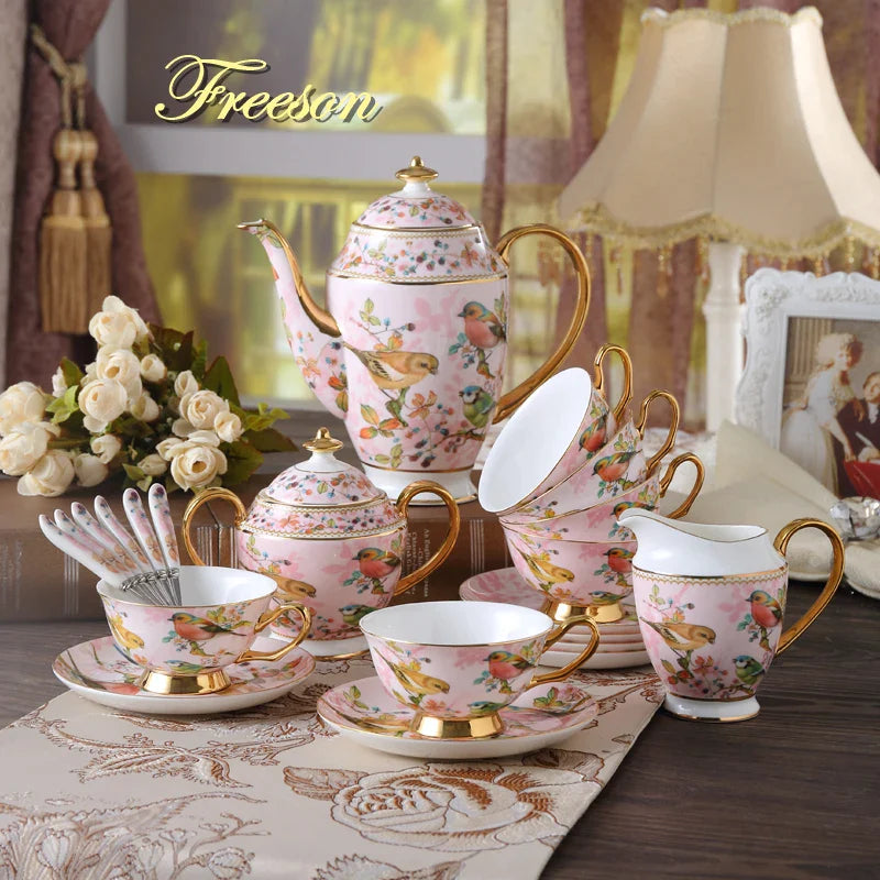 Afralia™ Pink Bird Bone China Tea & Coffee Set with Teapot, Cup, and Jug