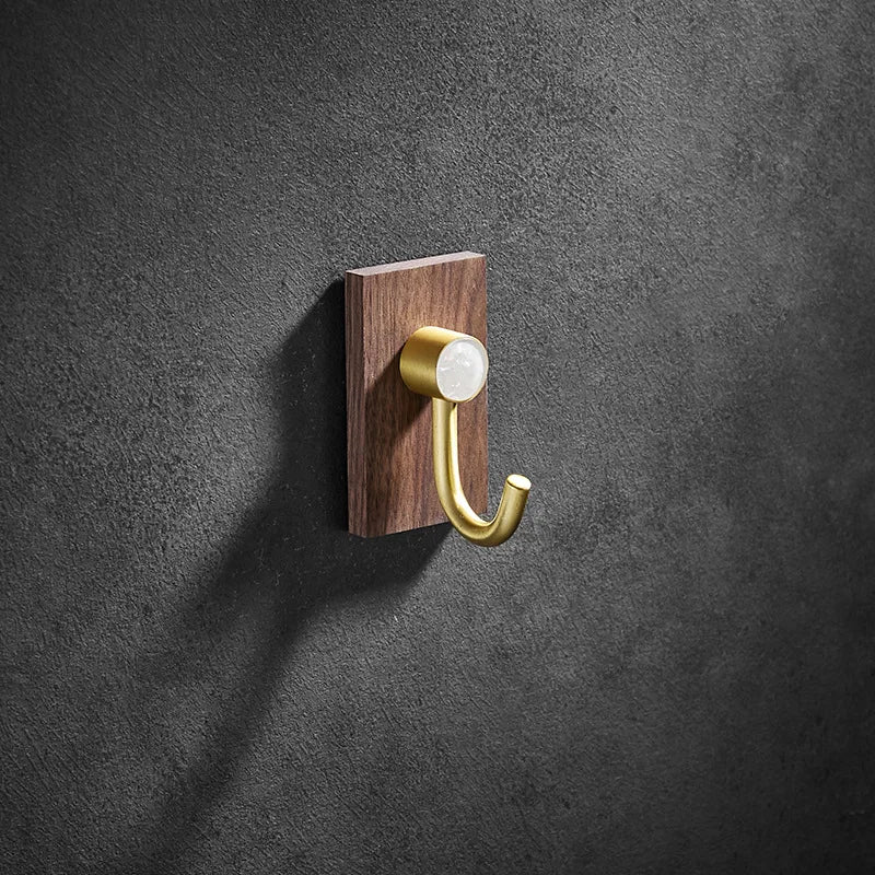 Afralia™ Brass Brushed Gold Wall Hook for Bathroom and Kitchen with Wood Accent