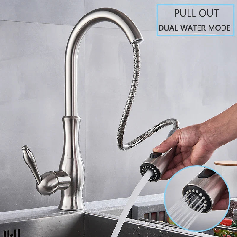 Afralia™ Brushed Nickel Kitchen Faucet Pull Out Single Handle Mixer Tap