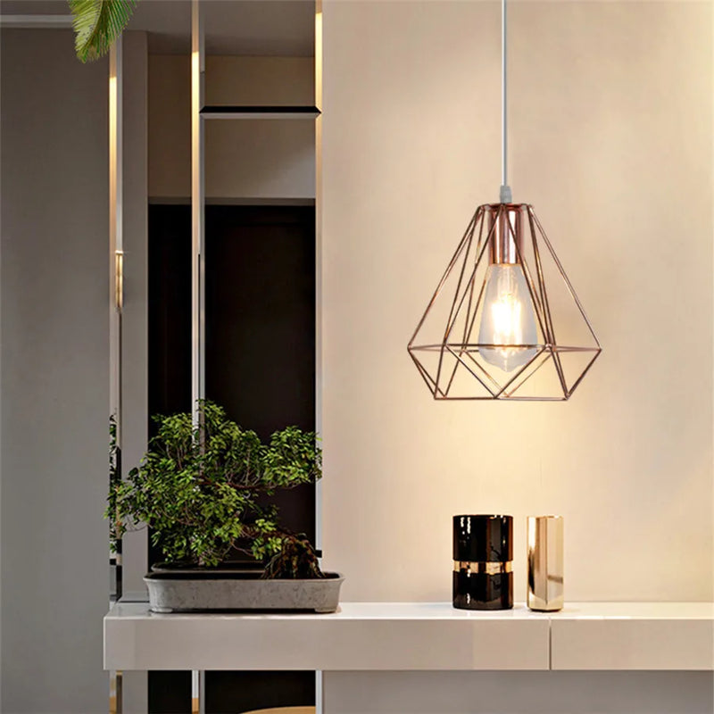 Afralia™ Rose Gold Iron Cage Pendant Light: Modern Hanging Lamp for Kitchen and Living Room