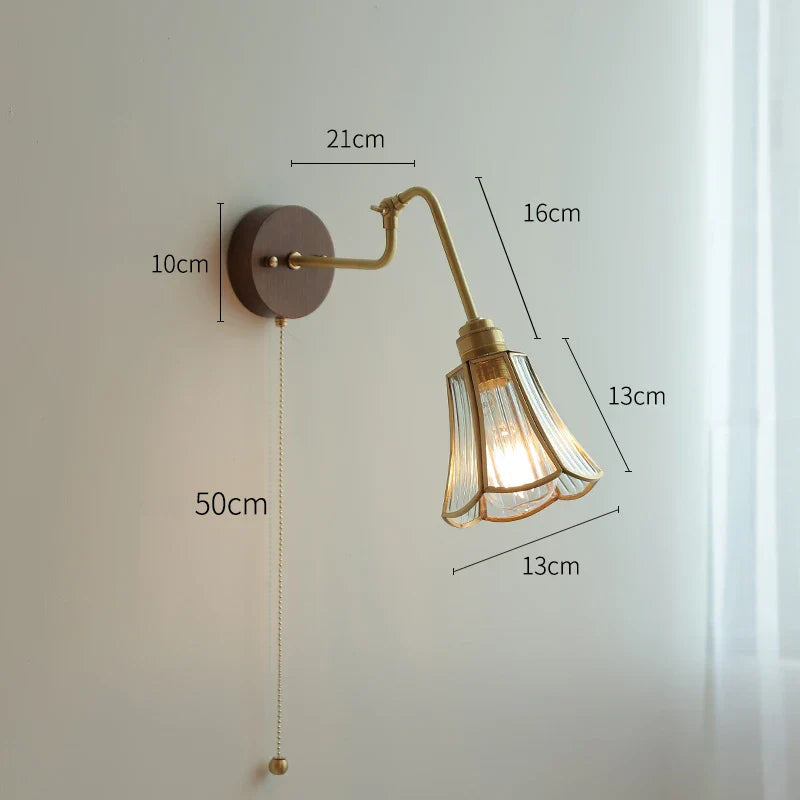 Afralia™ Vintage Pull Chain Wall Lamp Copper Arm Wood Base Light Fixtures