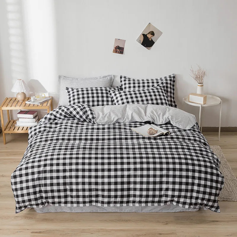 Afralia™ Line Block Print Bedding Set, Duvet Cover with Sheet Pillowcases, Single Double Bed
