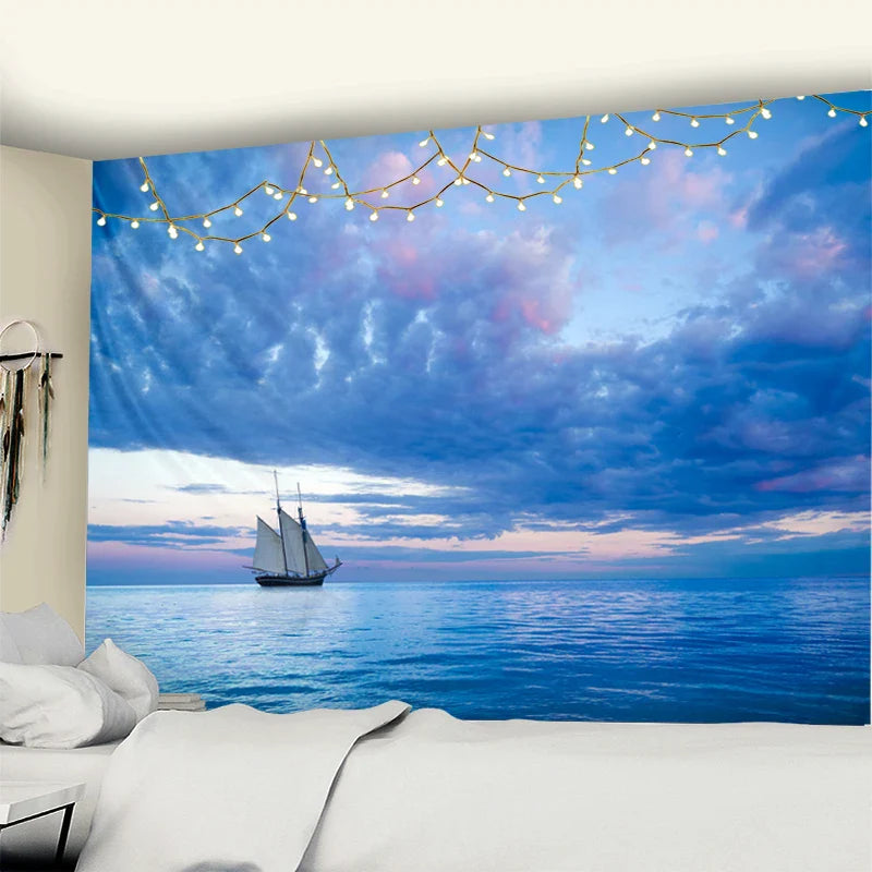 Blue Clouds Landscape Sky & Sea Wall Tapestry for Home Decor by Afralia™.