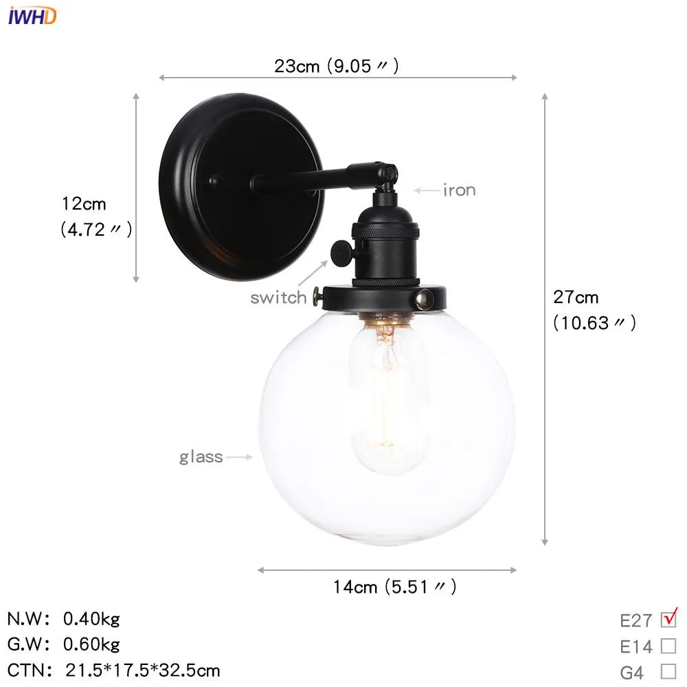 Afralia™ Loft Glass Ball Wall Light Switch Black Wall Sconces - Industrial Decor
