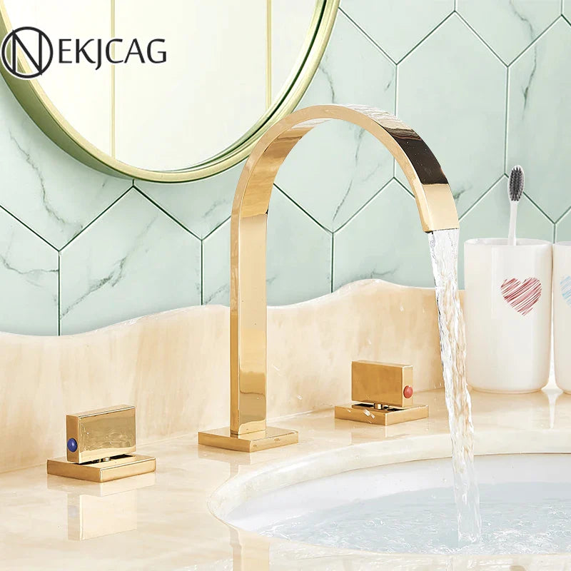 Afralia™ Golden Brass Dual Handle Basin Faucet Set - Deck Mounted Hot Cold Mixer