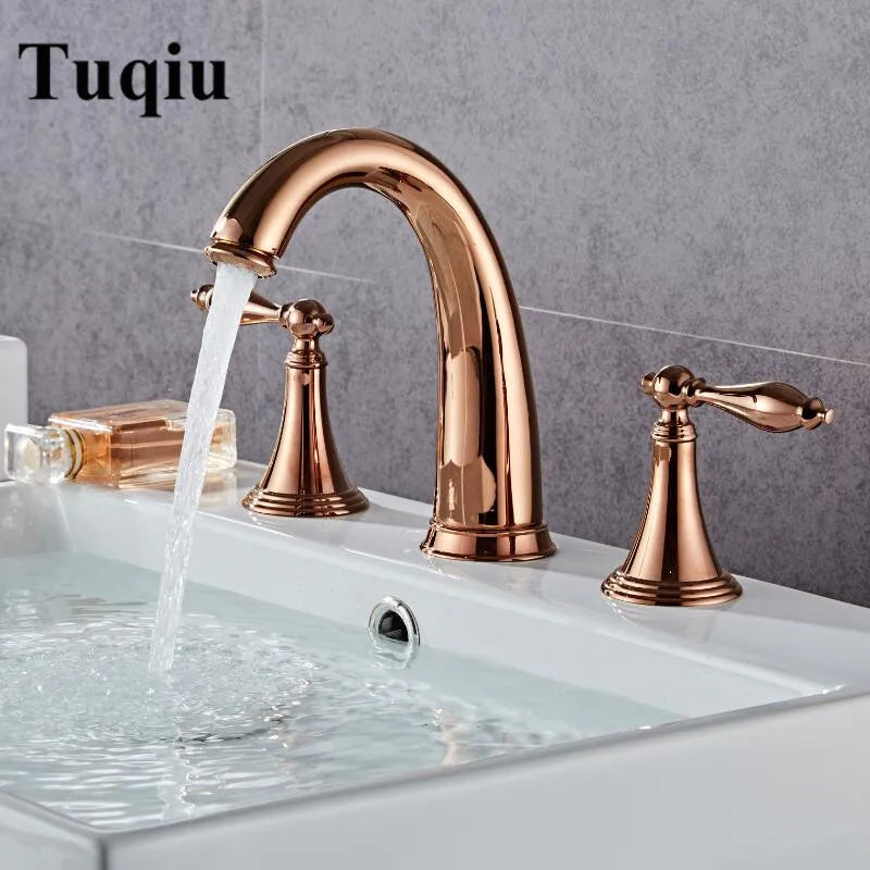 Afralia™ Rose Gold Basin Faucet Luxury Brass Widespread Mixer Hot Cold Tap