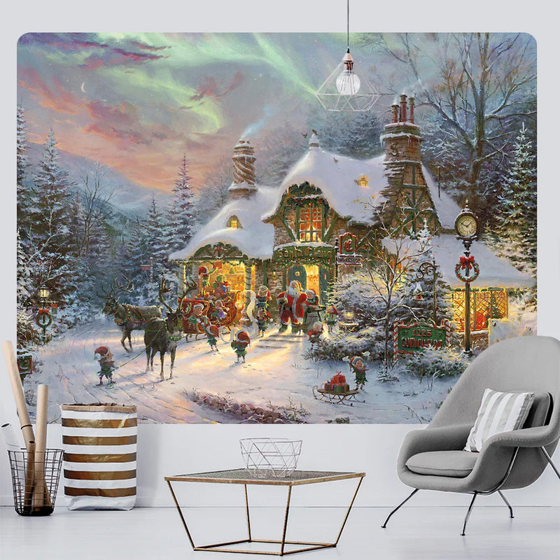 Afralia™ New Year Christmas Snow Scene Oil Painting Tapestry Bohemian Home Decor