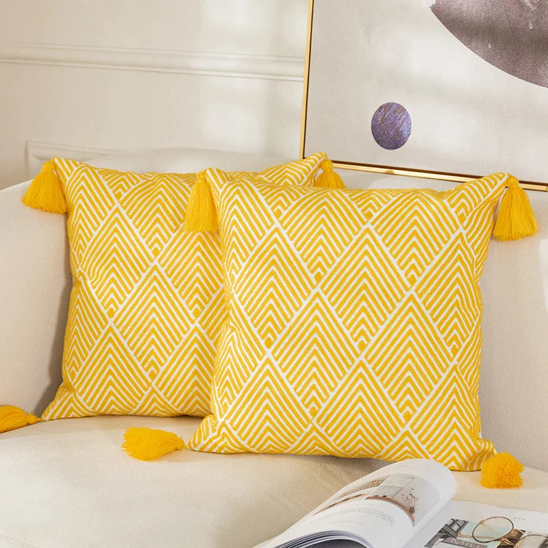 Afralia™ Geometric Embroidery Canvas Cotton Cushion Cover for Sofa Bed in Yellow