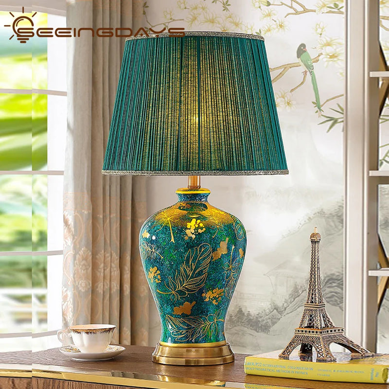 Afralia™ Emerald Queen Green Ceramic Table Lamp - Luxury Villa Bedroom Living Room Lighting