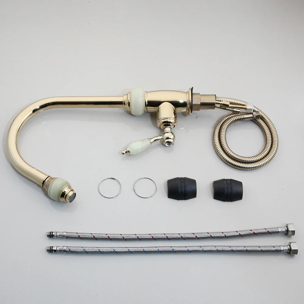 Afralia™ Golden Jade & Diamond Handle Kitchen Faucet with Swivel Pull Out Function