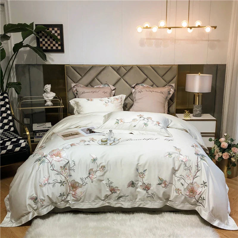 Afralia™ Luxury Bloom Flowers Embroidered Grey White Bedding Set
