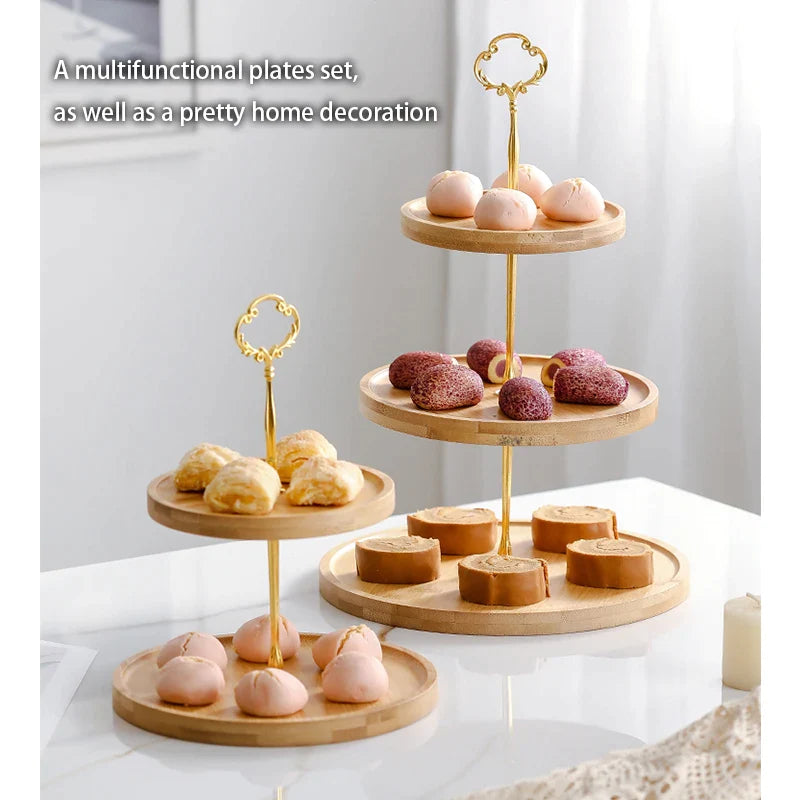 Afralia™ Bamboo Fruit Cake Stand Set Wood Tableware Snack Dessert Candy Plate