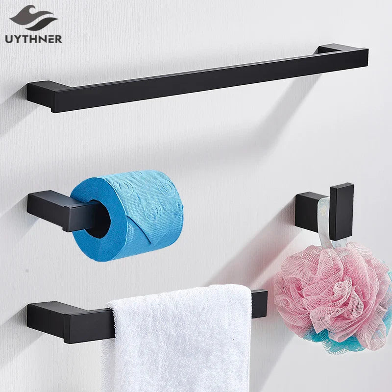 Afralia™ Black Bathroom Hardware Set: Robe Hook, Towel Rail, Rack, Shelf, Tissue Holder & More