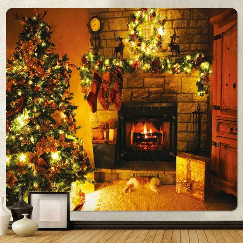 Afralia™ Christmas Fireplace & Tree Tapestry Wall Hanging