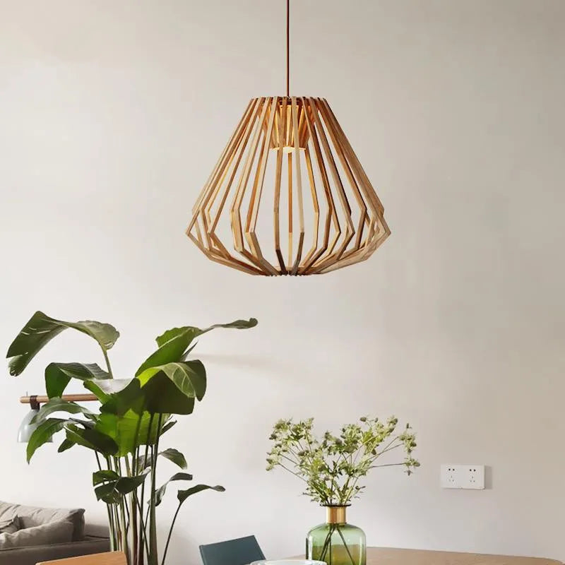 Afralia™ Wood Cage Chandelier, Janpanese Style LED Pendant Light for Parlor Dining Room