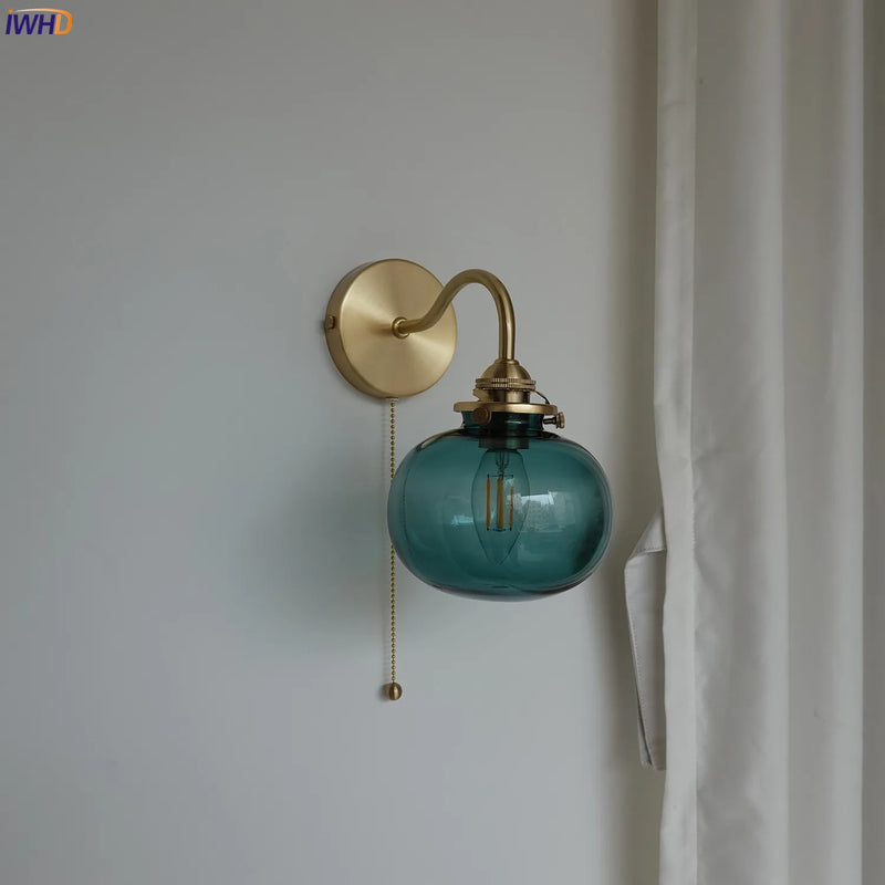 Afralia™ Blue Glass Ball Wall Lights Pull Chain Switch LED Sconce for Home Bedroom