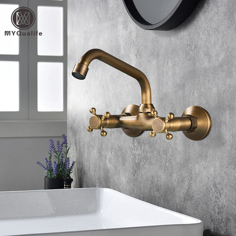 Afralia™ Antique Brass Dual Handle Wall Mount Kitchen Faucet