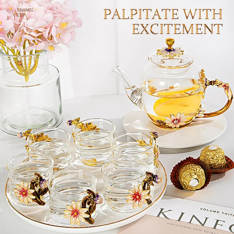 Afralia™ Daisy Enamel Crystal Glass Teapot Set for Hot and Cold Drinks