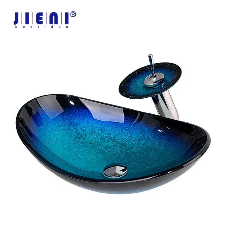 Afralia™ Blue Tempered Glass Basin Sink Set with Faucet for Bathroom Counter Top