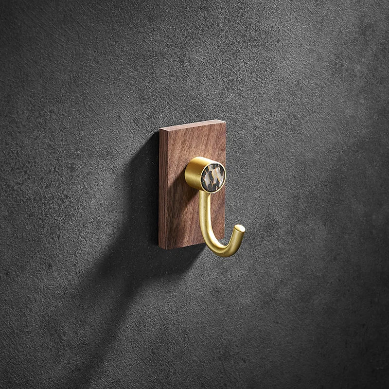 Afralia™ Brass Brushed Gold Wall Hook for Bathroom and Kitchen with Wood Accent