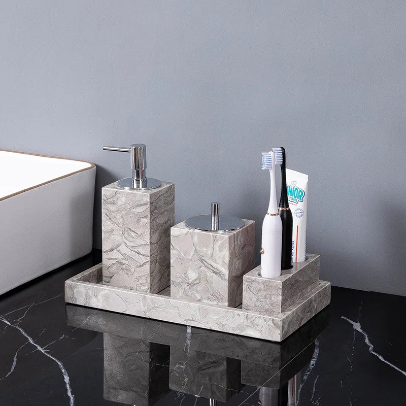 Afralia™ Marble Bathroom Accessories Set: Soap Dispenser, Toothbrush Holder, Cup, Soap Dish, Cotton Swab Can