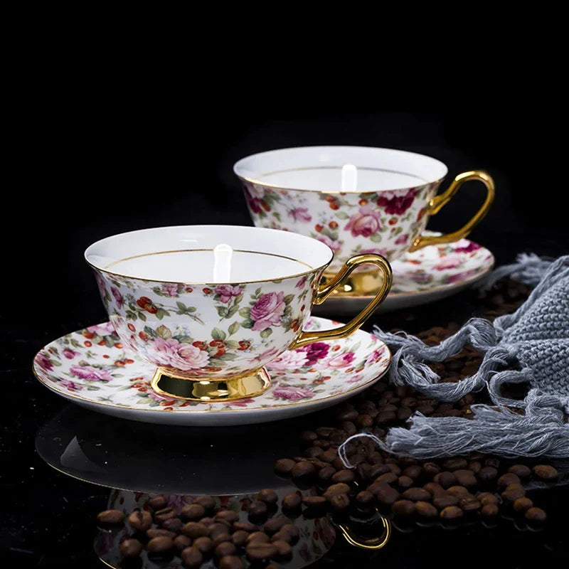 Afralia™ Romantic Flower Bone China Tea Cup Saucer Spoon Set 200ml