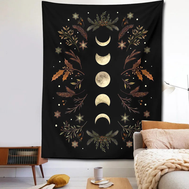 Afralia™ Moon Phase Boho Wall Tapestry: Black Psychedelic Carpet for Home Decor