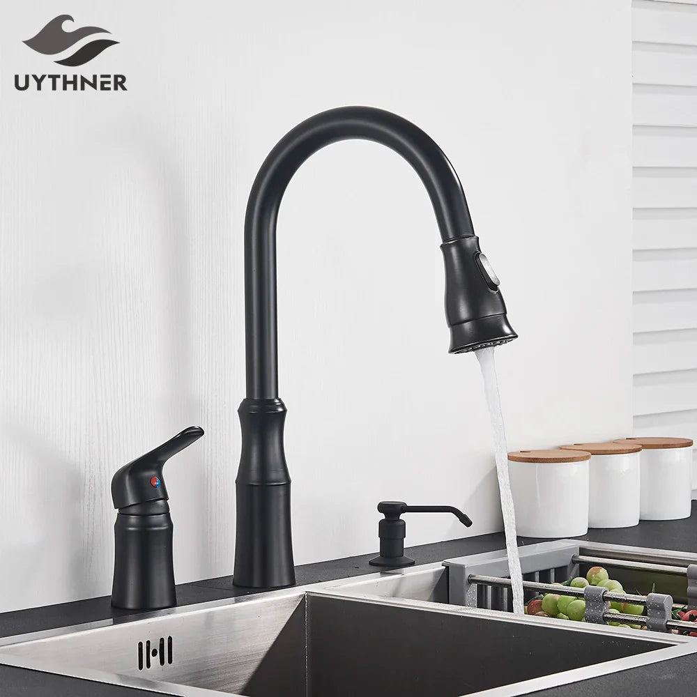 Afralia™ Brass Black Kitchen Faucet Pull Out Mixer Taps Hot/Cold Water Cranes