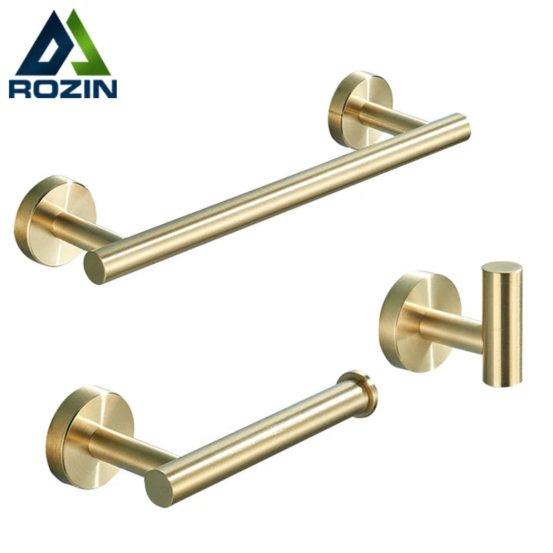 Afralia™ Brushed Gold Stainless Steel Bathroom Accessories Set - Towel Bar, Toilet Paper Holder, Hooks