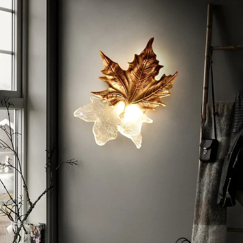 Afralia™ Luxury Copper Maple Leaf Crystal Glass Wall Sconce