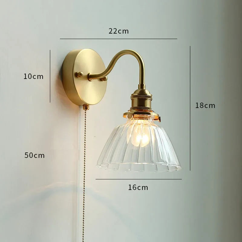 Afralia™ Nordic LED Wall Lamp Pull Chain Switch Glass Copper Sconce