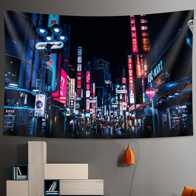 Afralia™ Tokyo Nightlife Tapestry: Japanese Wall Hanging Bohemian Decorative Sheet