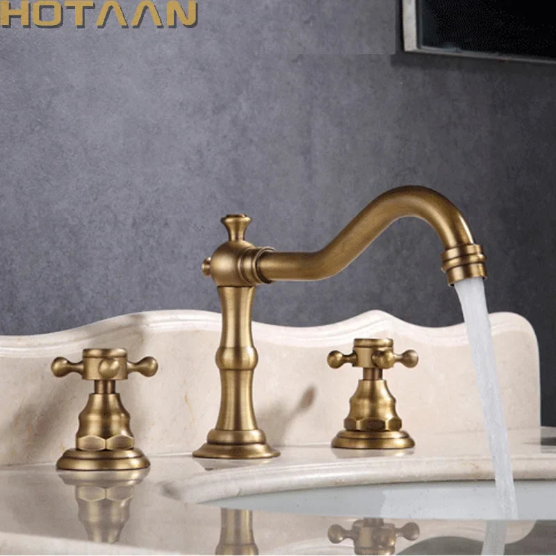 Afralia™ Antique Brass Basin Mixer Tap with Dual Handles, Deck Mounted Kitchen Faucet